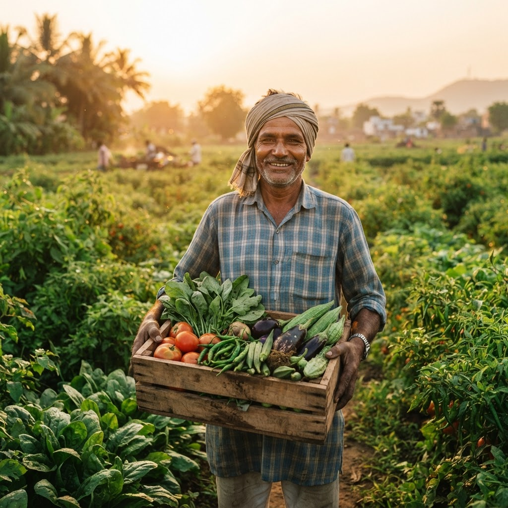 Farmer holding freshly harvested vegetables in a green field